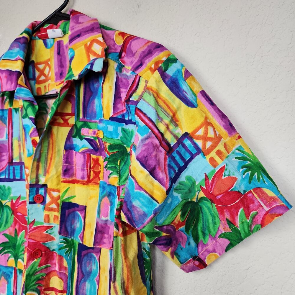 Small Multicolor Vibrant Tropical Button Tee - image 3